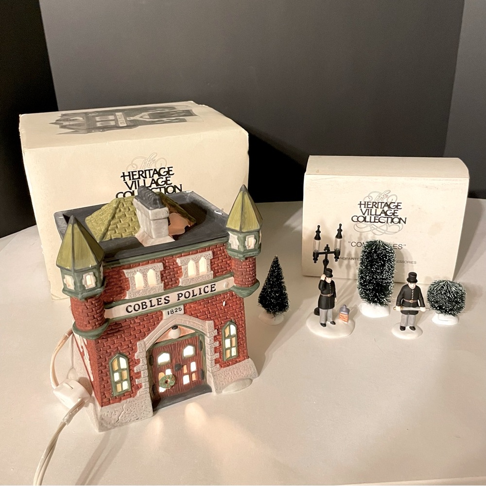 Department 56 Dickens Village Cobles Police Station with box, figures and trees